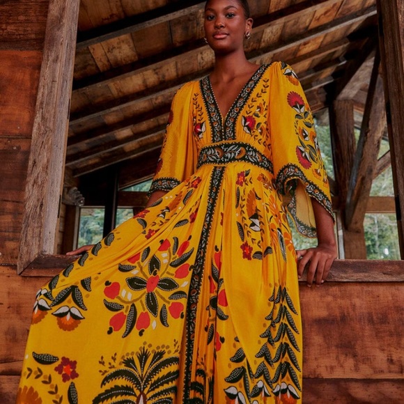 Farm Rio Yellow Tropical Tapestry Kaftan Dress - Picture 3 of 7